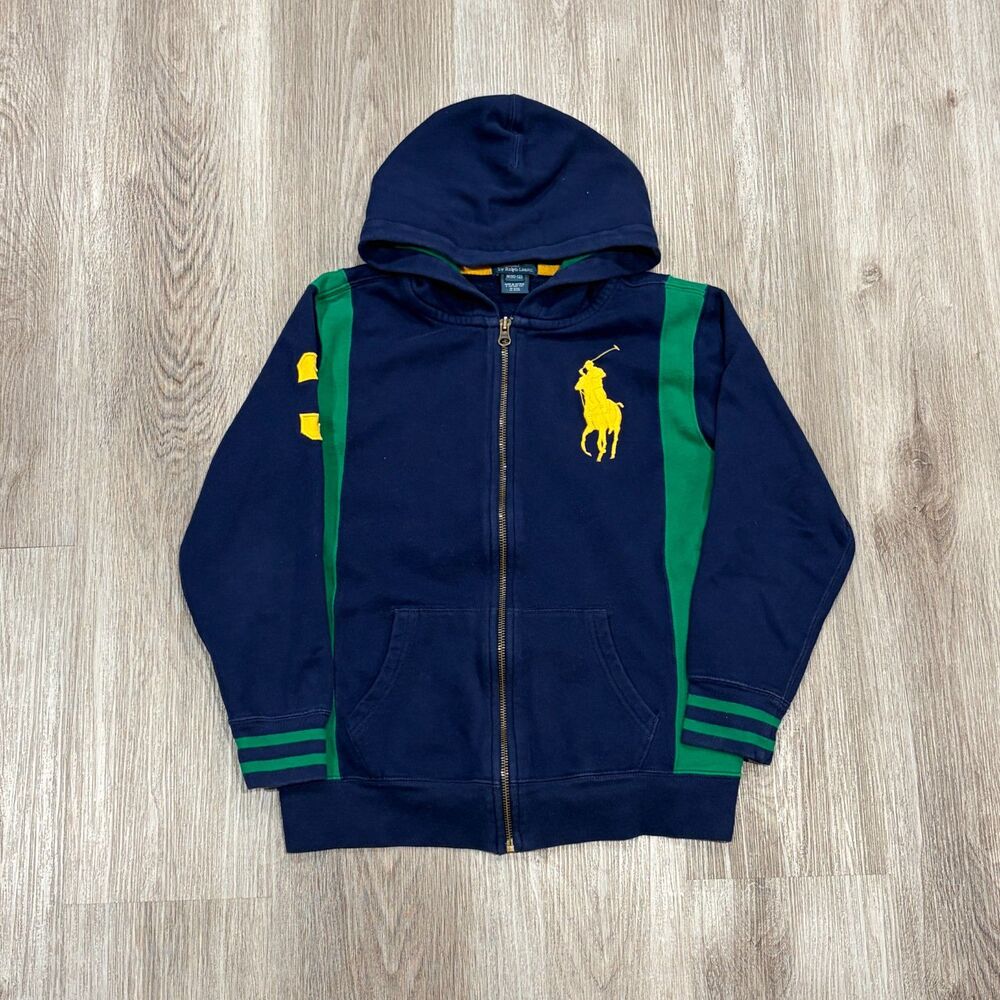 Vtg 90s Polo Ralph Lauren Boys M 10/12 Big Pony #3 Blue/Green Full Zip Hoodie